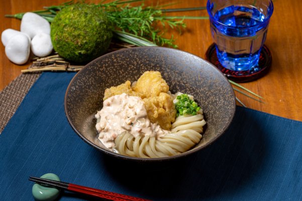 Udon topped with chicken tempura and tartar sauce