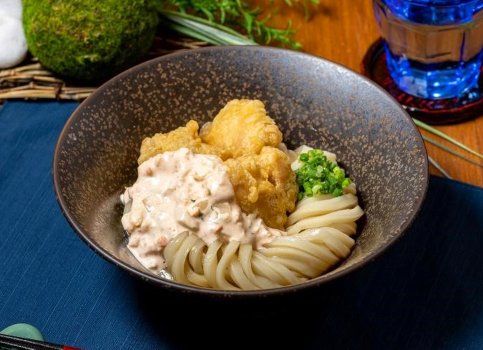 Udon topped with chicken tempura and tartar sauce
